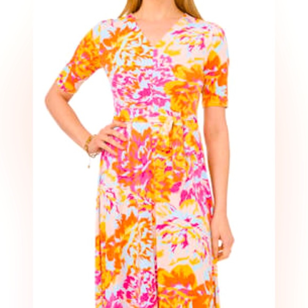 MSK Women's Floral Midi Dress - Pink, Orange, Yellow - Picture 4 of 9